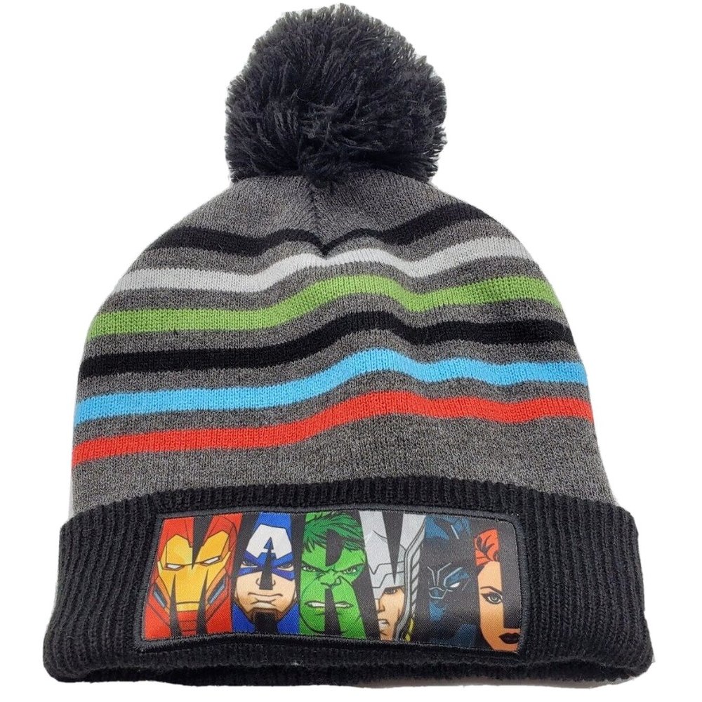 Marvel Beanie Hat Kids Knit Striped Pom pom OS Black Multicolor Stretch Ear flap